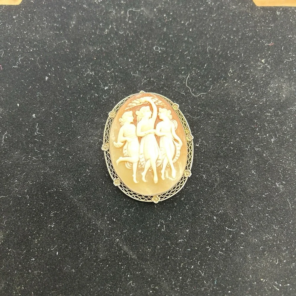 Antique Three Graces Cameo Sterling Silver‎ Brooch 12 Gram Total For Brooch